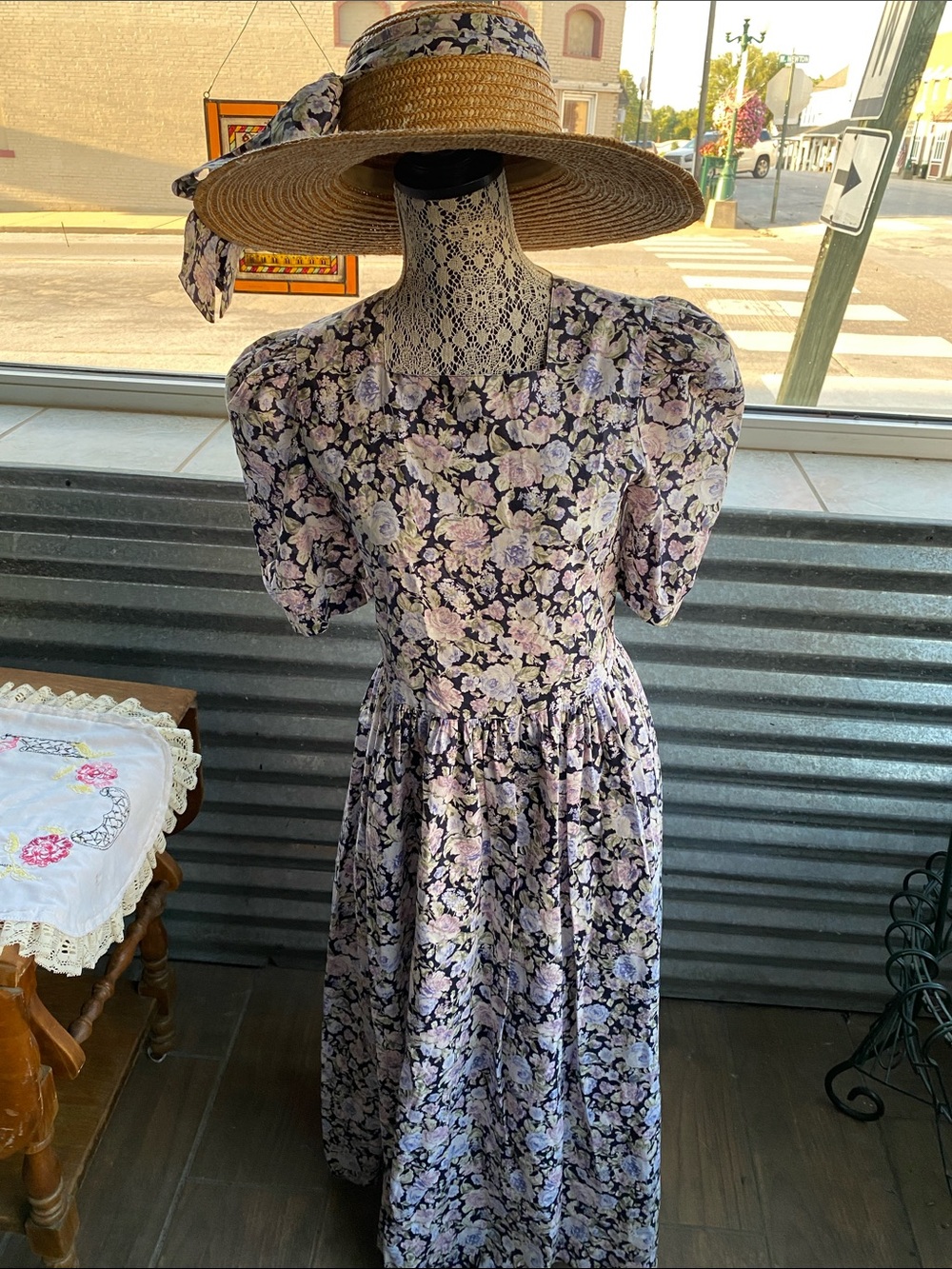 Vintage Laura Ashley Lavender Floral Maxi Dress with Puff Sleeves made in UK